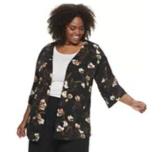 EVRI‎ Black Floral ¾ Sleeve Kimono (Size 2X)